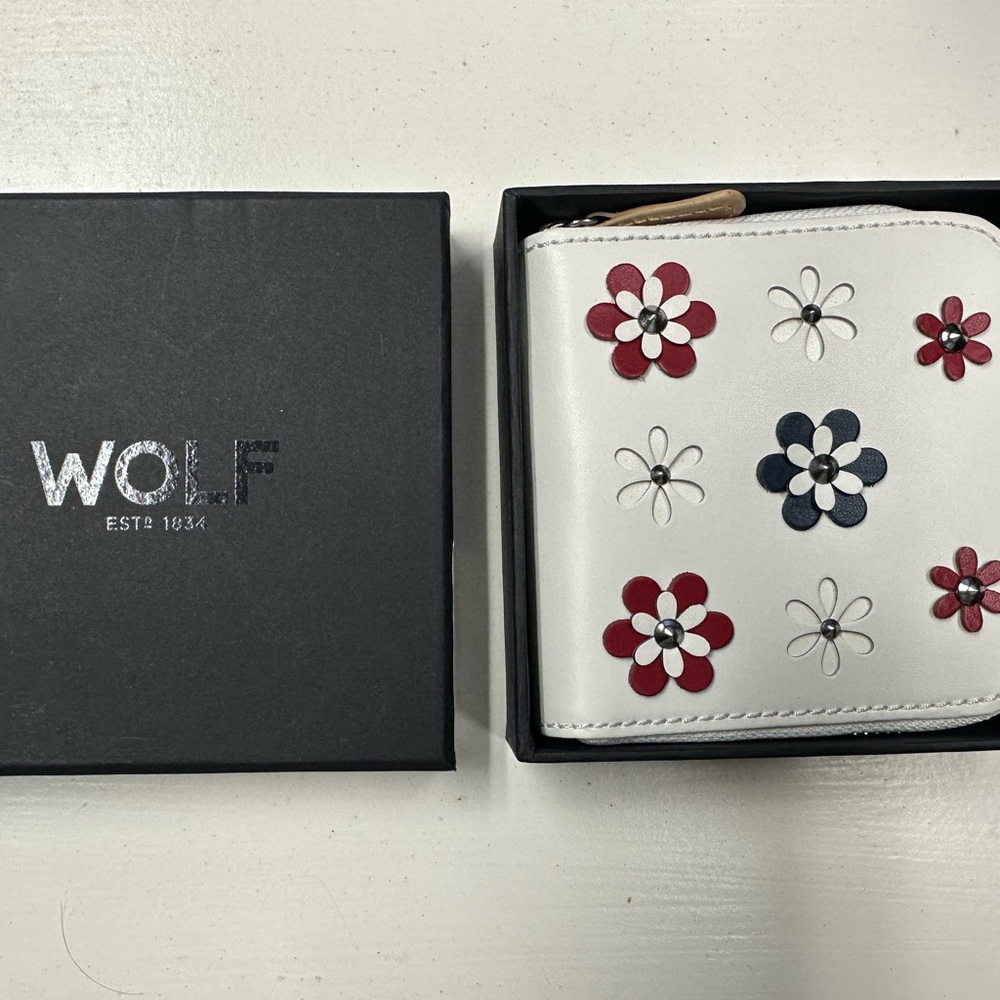 WOLF 1834 Small Travel Jewelry Portfolio - Red & White Laser-Cut Leather - NWT
